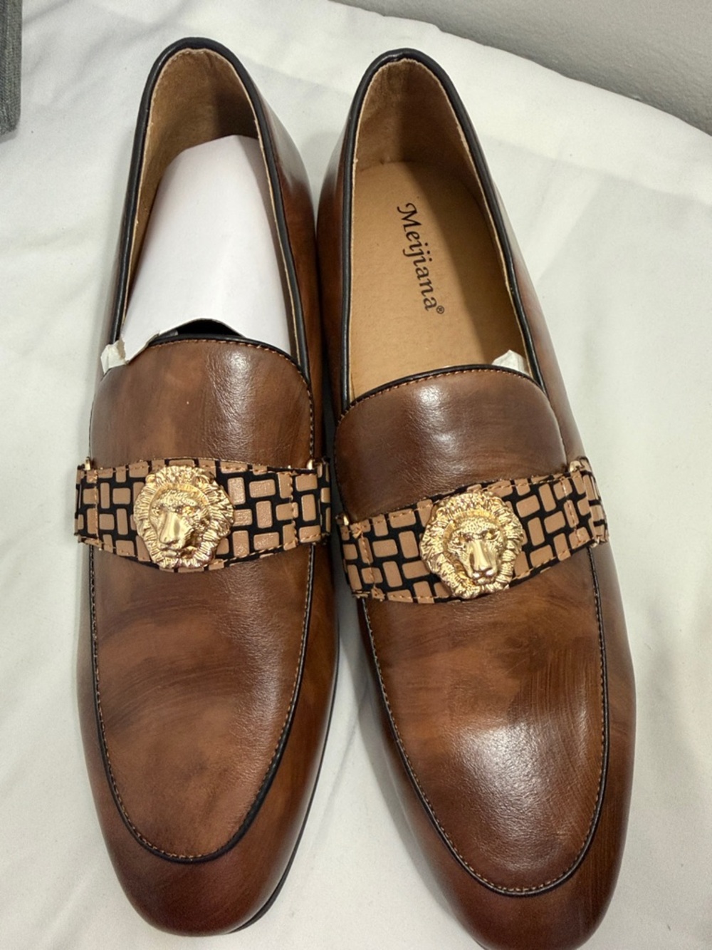 Brown Leather Slip-On Loafers with Gold Medallion